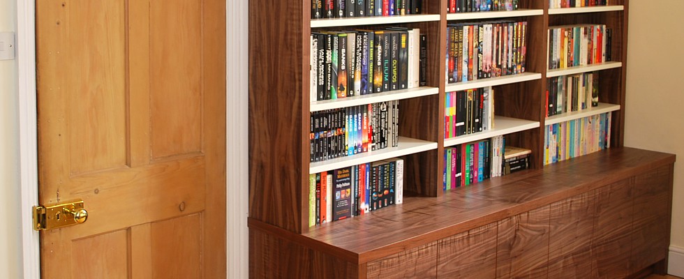 Grain-matched book cabinet custom built by the team at Samuel Edgar